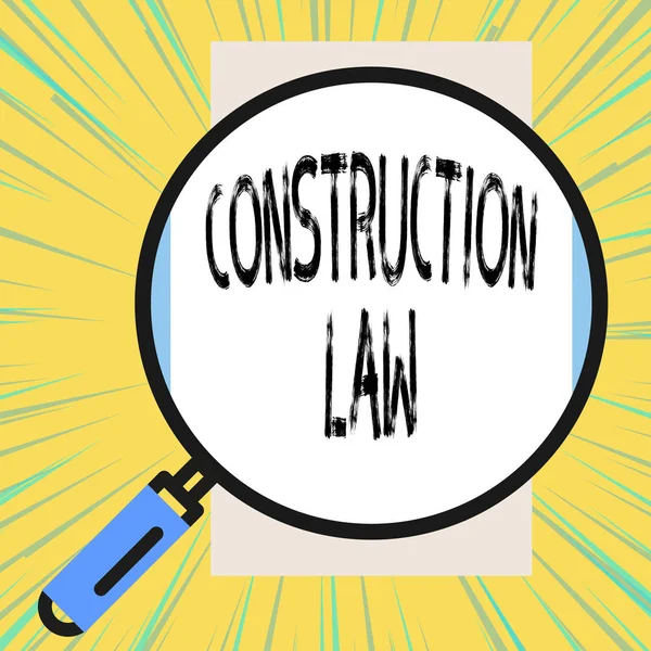 Writing note showing Construction Law. Business photo showcasing deals with matters relating to building and related fields Big magnifier glass looking vertical rectangle. Geometrical background. — 스톡 사진