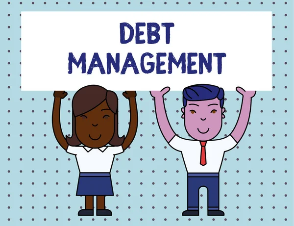 Conceptual hand writing showing Debt Management. Business photo showcasing The formal agreement between a debtor and a creditor Two Smiling People Holding Poster Board Overhead with Hands. — Stock Photo, Image