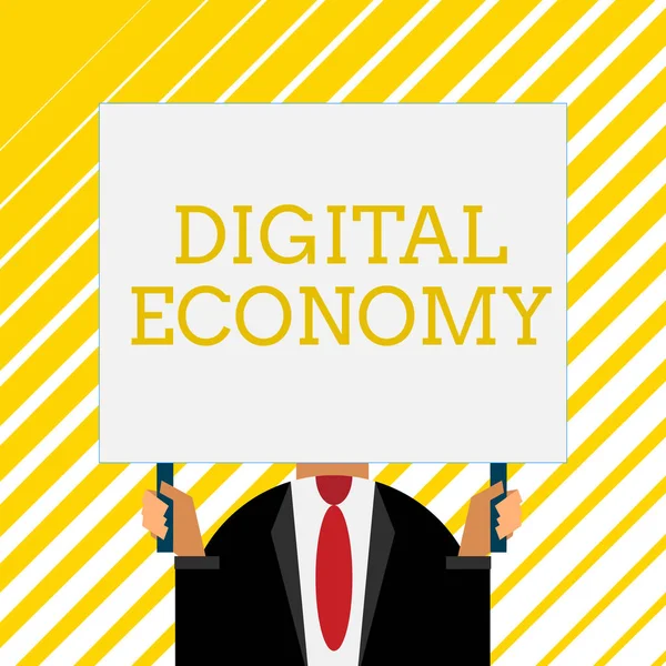 Handwriting text writing Digital Economy. Concept meaning worldwide network of economic activities and technologies Old fashioned way to pick people at airport hold big board with two hands. — Stock Photo, Image