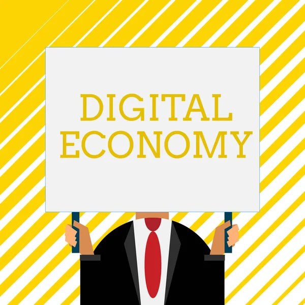 Scrittura di testi a mano Digital Economy. Concetto significato rete mondiale di attività economiche e tecnologie vecchio stile modo di scegliere le persone in aeroporto tenere grande bordo con due mani . — Foto Stock