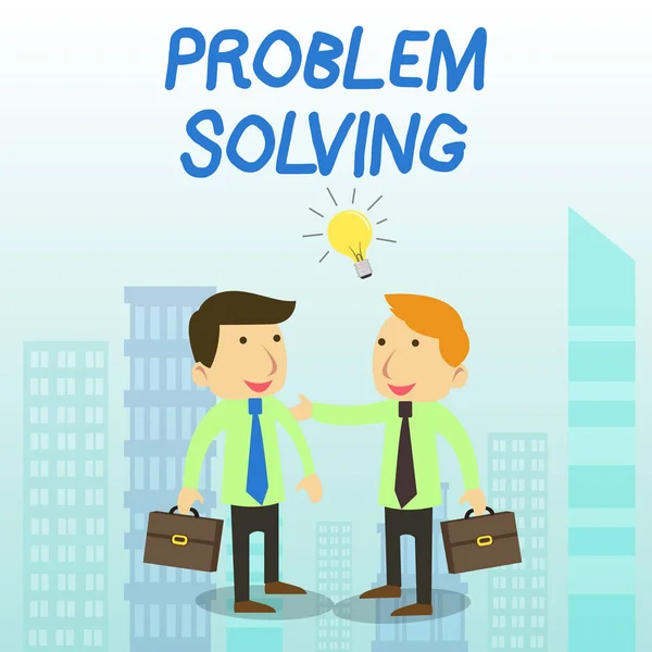 Word writing text Problem Solving. Business concept for process of finding solutions to difficult or complex issues Two White Businessmen Colleagues with Brief Cases Sharing Idea Solution. — Stock fotografie