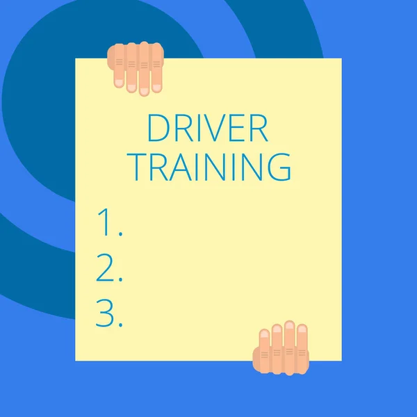 Writing note showing Driver Training. Business photo showcasing prepares a new driver to obtain a driver s is license Two hands holding big blank rectangle up down Geometrical background. — 스톡 사진