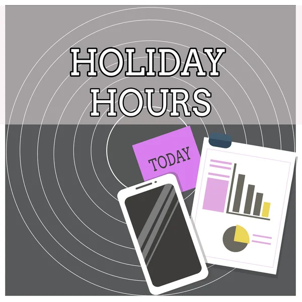 Text sign showing Holiday Hours. Conceptual photo employee receives twice their normal pay for all hours Layout Smartphone Off Sticky Notes Clipboard with Pie Chart and Bar Graph. — Φωτογραφία Αρχείου
