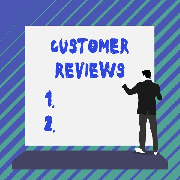 Writing note showing Customer Reviews. Business photo showcasing review of product or service made by client who has used Short hair immature young man stand in front of rectangle big board. — Stock Photo, Image