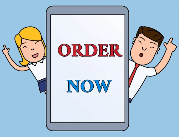 Writing note showing Order Now. Business photo showcasing the activity of asking for goods or services from a company Male and Female Index Fingers Up Touch Screen Tablet Smartphone Device. — 스톡 사진