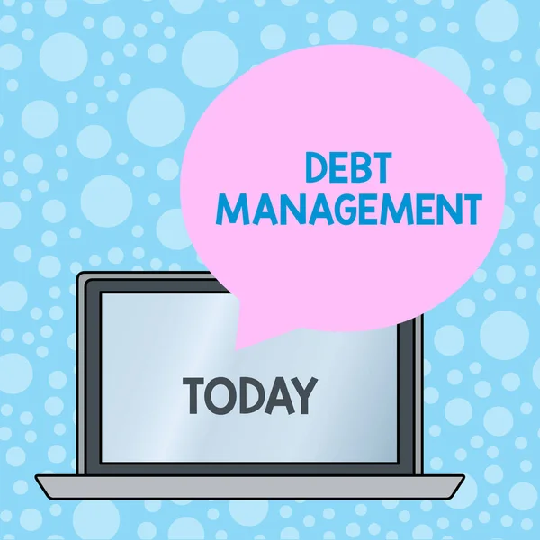 Writing note showing Debt Management. Business photo showcasing The formal agreement between a debtor and a creditor Round Shape Speech Bubble Floating Over Laptop Backdrop. — 스톡 사진