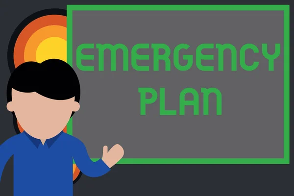 Text sign showing Emergency Plan. Conceptual photo procedures for handling sudden or unexpected situations Young man standing in front whiteboard pointing to project. photo Art.