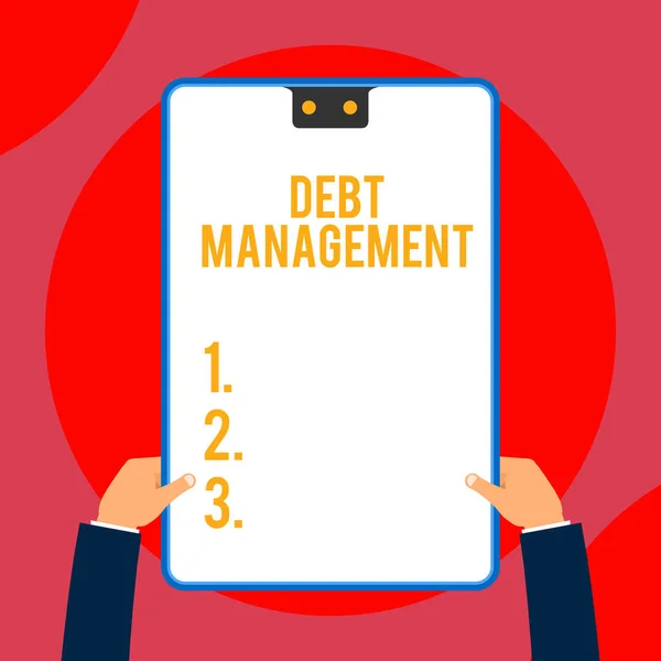 Text sign showing Debt Management. Conceptual photo The formal agreement between a debtor and a creditor Two executive male hands holding electronic device geometrical background. — Stock Photo, Image