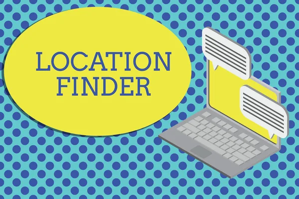 Conceptual hand writing showing Location Finder. Business photo text A service featured to find the address of a selected place Laptop receiving sending information internet wireless. — Stock Photo, Image