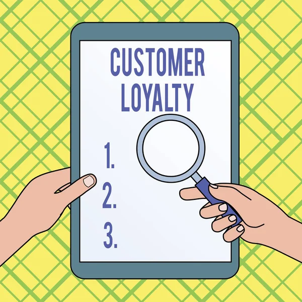 Writing note showing Customer Loyalty. Business photo showcasing result of consistently positive emotional experience Hands Holding Magnifying Glass Against Switched Off Touch Screen Tablet. — 스톡 사진