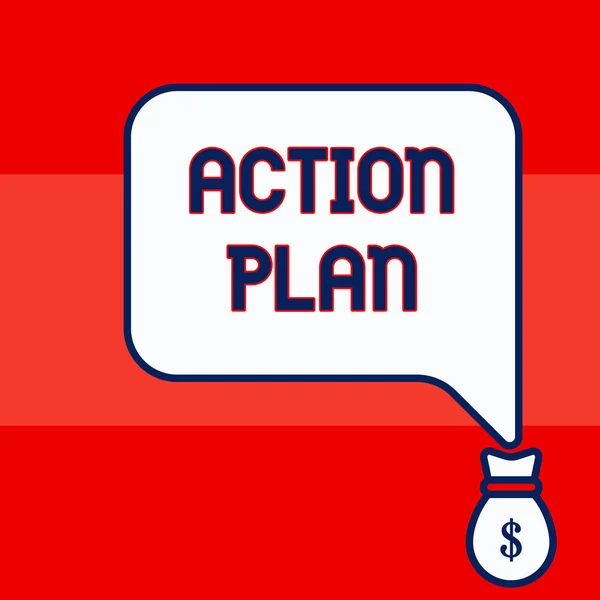 Writing note showing Action Plan. Business photo showcasing proposed strategy or course of actions for certain time Isolated front speech bubble pointing down dollar USD money.
