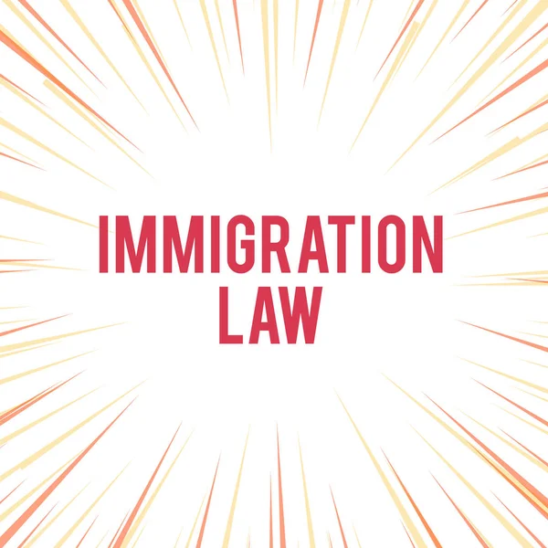 Χειρόγραφο κείμενο γράφοντας νόμος μετανάστευσης. Έννοια που σημαίνει ότι η μετανάστευση ενός πολίτη πρέπει να είναι νόμιμη στην πραγματοποίηση ταξιδιών Ηλιοέκρηξης κίτρινο πορτοκαλί παστέλ ακτίνες βάθος και προοπτική. — Φωτογραφία Αρχείου