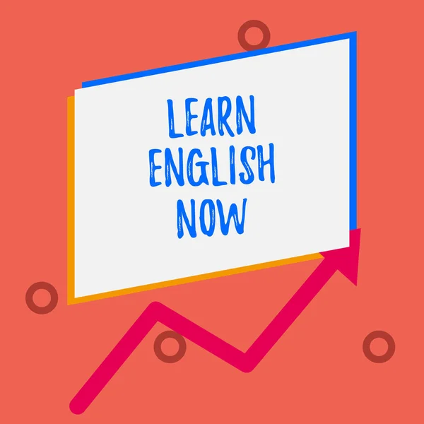 Writing note showing Learn English Now. Business photo showcasing gain or acquire knowledge and skill of english language One blank rectangle above another arrow zigzag upwards increasing sale.