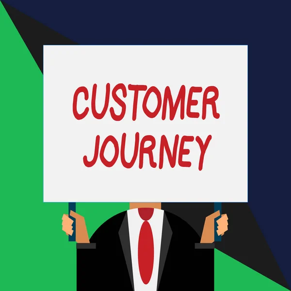 Conceptual hand writing showing Customer Journey. Business photo showcasing product of interaction between organization and customer Just man chest dark suit tie no face holding blank rectangle.
