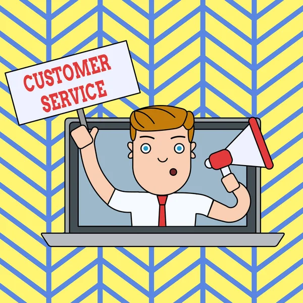 Handwriting text writing Customer Service. Concept meaning process of ensuring client satisfaction with product Man Speaking Through Laptop Screen into Megaphone Blank Plate with Handle. — Stock Photo, Image