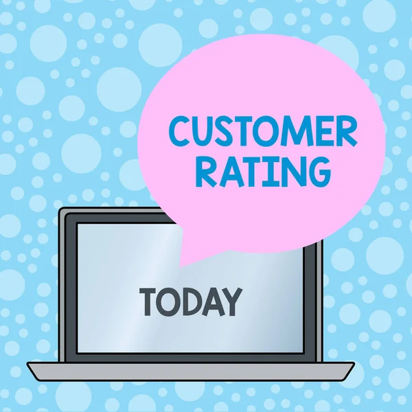 Writing note showing Customer Rating. Business photo showcasing Each point of the customers enhances the experience Round Shape Speech Bubble Floating Over Laptop Backdrop.