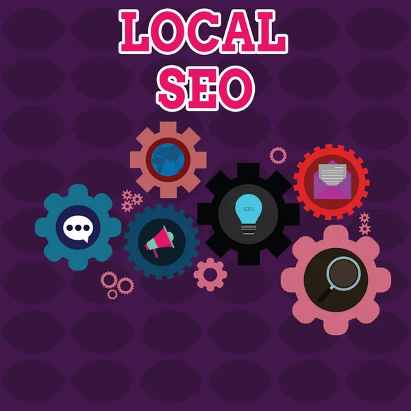 Signo de texto que muestra Local Seo. La foto conceptual ayuda a las empresas a promover productos y servicios a los clientes locales Conjunto de iconos de redes sociales en línea globales dentro de coloridos engranajes de rueda de engranaje . — Foto de Stock