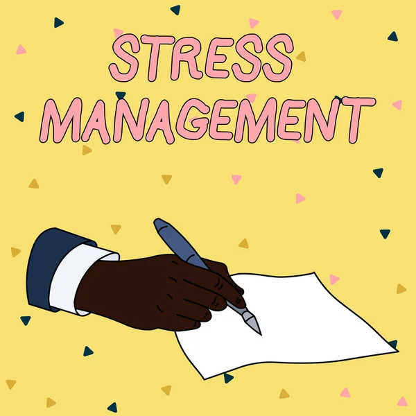 Scrittura di testi a mano Stress Management. Concetto che significa metodo per limitare lo stress e i suoi effetti imparando modi Maschio Mano Formale Suit Holding Penna a sfera Blank Pezzo di carta Scrittura . — Foto Stock