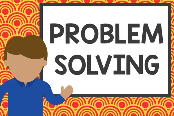 Handwriting text writing Problem Solving. Concept meaning process of finding solutions to difficult or complex issues Young man standing in front whiteboard pointing to project. photo Art. — Stock Photo, Image