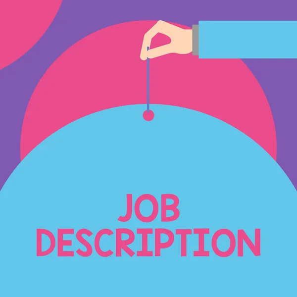 Handwriting text Job Description. Concept meaning a formal account of an employee s is responsibilities Male hand arm needle punching big half blank balloon geometrical background. — Stock Photo, Image
