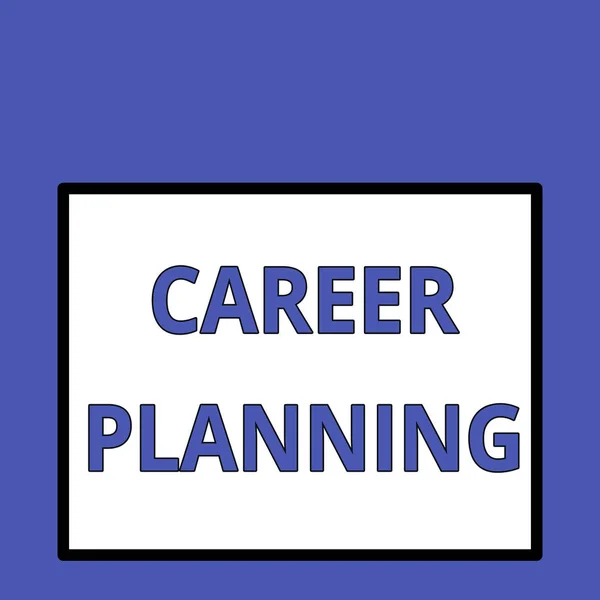 Writing note showing Career Planning. Business photo showcasing Strategically plan your career goals and work success Front close up view big blank rectangle abstract geometrical background.