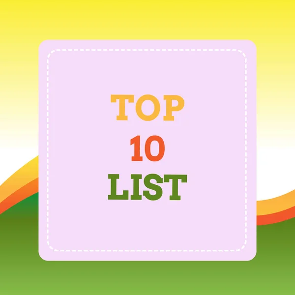 Handwriting text writing Top 10 List. Concept meaning the ten most important or successful items in a particular list Dashed Stipple Line Blank Square Colored Cutout Frame Bright Background.