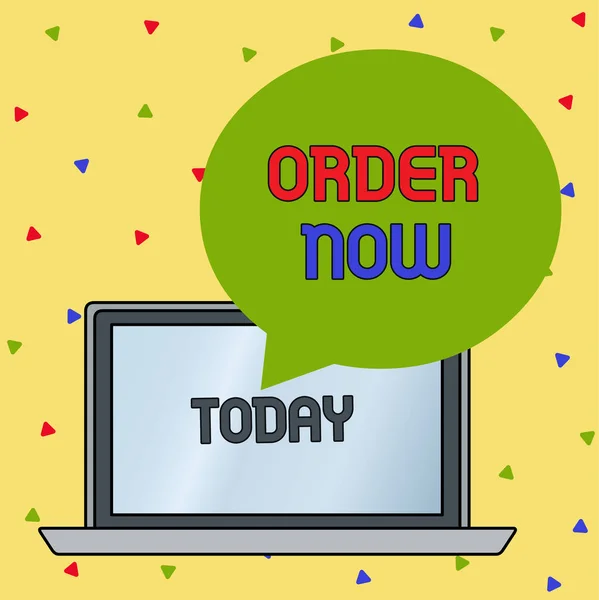 Handwriting text writing Order Now. Concept meaning the activity of asking for goods or services from a company Round Shape Empty Speech Bubble Floating Over Open Laptop Colored Backdrop.