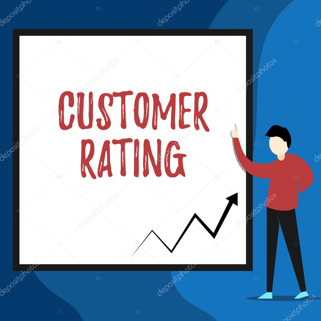 Word writing text Customer Rating. Business concept for Each point of the customers enhances the experience View young man standing pointing up blank rectangle Geometric background.