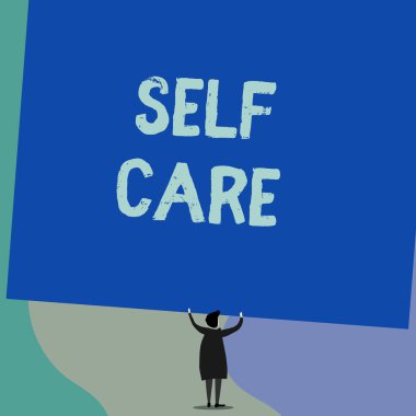 El yazısı metin yazma Self Care. Kavram bir geliştirmek için harekete geçme uygulaması anlamına gelir kendi sağlık Geri görünüm ayakta kısa saçlı kadın elbise eller kadar boş dikdörtgen tutarak.