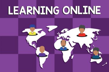 Learning Online'ı gösteren metin işareti. Kavramsal fotoğraf Tüm dünyada internet ve teknoloji Bağlantısı çok ırklı kişilerin yardımıyla yeni bir şey öğrenin. Küresel iş dünya haritası.