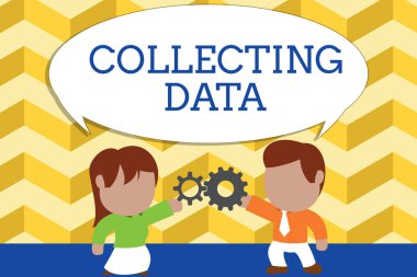 Veri Toplayan Sözcük Yazma Metni. Değişkenler hakkında bilgi toplamak ve ölçmek için iş konsepti. Daimi genç çift teçhizat paylaşıyor. Erkek kravatı kadın etek ticareti.