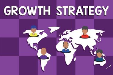 Text sign showing Growth Strategy. Conceptual photo Strategy aimed at winning larger market share in shortterm Connection multiethnic persons all over world. Global business earth map. clipart