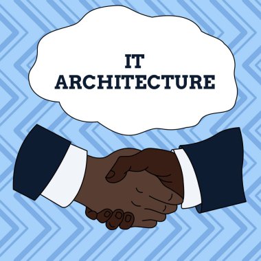 It Architecture'ı gösteren metin işareti. Kavramsal fotoğraf Mimarlık genel yapı Hand Shake Multiracial Erkek İş Ortakları Meslektaşları Resmi Gömlek Suit sürecine uygulanır.