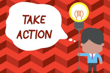 Take Action 'ı gösteren bir not yazıyorum. Özel bir sonuç elde etmek için iş fotoğraflarının sergilenmesi. Fiş soketi lambası takılı duran adam kravatı Fikir Başlangıcı.