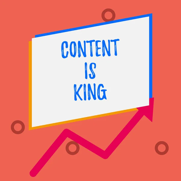 A Content Is King-et bemutató levél. Üzleti fotó kirakat úgy vélik, hogy a tartalom központi fontosságú a siker egy honlap Egy üres téglalap fölött egy másik nyíl cikcakkos felfelé növekvő értékesítés. — Stock Fotó