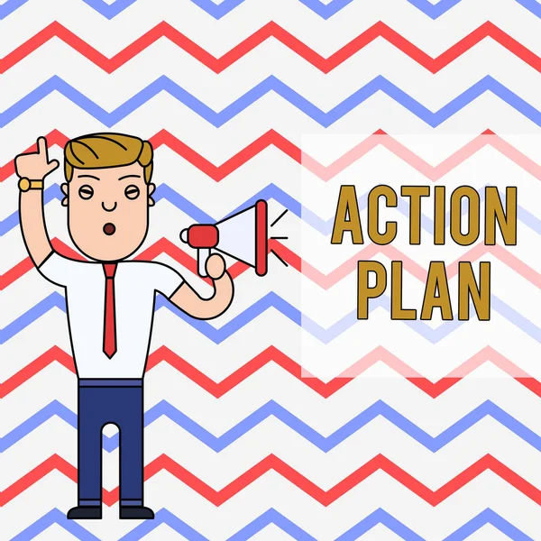 Word writing text Action Plan. Business concept for proposed strategy or course of actions for certain time Man Standing with Raised Right Index Finger and Speaking into Megaphone.