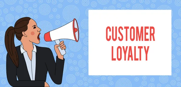 Conceptual hand writing showing Customer Loyalty. Business photo text result of consistently positive emotional experience Woman Jacket Ponytail Shouting into Loudhailer Rectangular Box. — Stock Photo, Image