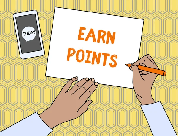 Text sign showing Earn Points. Conceptual photo getting praise or approval for something you have done Top View Man Writing Blank Paper Pen Pencil Marker Smartphone Message Icon.