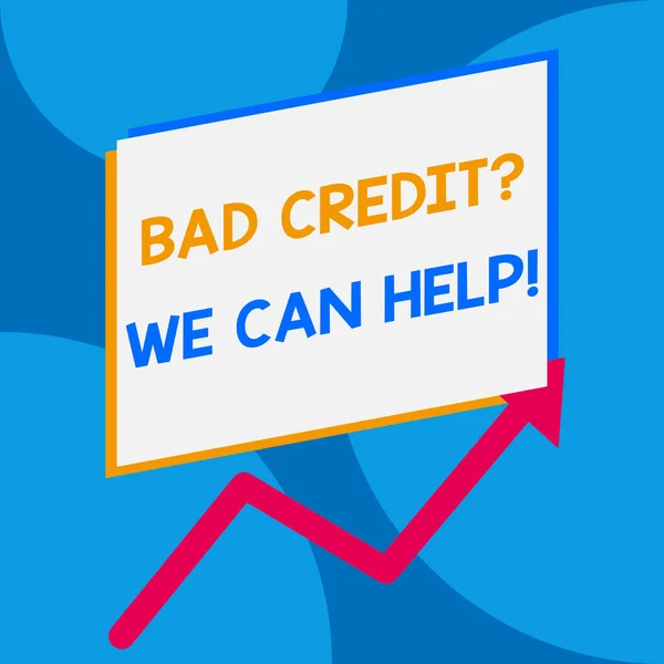 Word Writing Text schlechte Kreditfrage können wir helfen. Geschäftskonzept für offr helfen, positive Zahlungsgeschichte zu gewinnen ein leeres Rechteck über dem anderen Pfeil Zickzack nach oben steigender Verkauf. — Stockfoto