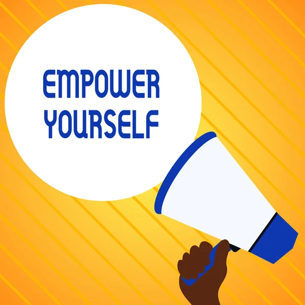 Text sign showing Empower Yourself. Conceptual photo taking control of life setting goals positive choices Hand Holding Loudhailer Empty Round Speech Text Balloon Announcement New. — Stok fotoğraf