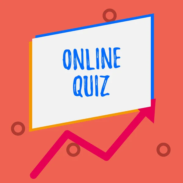 Writing note showing Online Quiz. Business photo showcasing game or a mind sport that are published on the Internet One blank rectangle above another arrow zigzag upwards increasing sale.