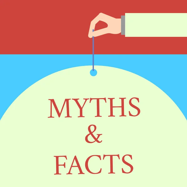 Word writing text Myths And Facts. Business concept for usually traditional story of ostensibly historical events Male hand arm needle punching big half blank balloon geometrical background. — 스톡 사진