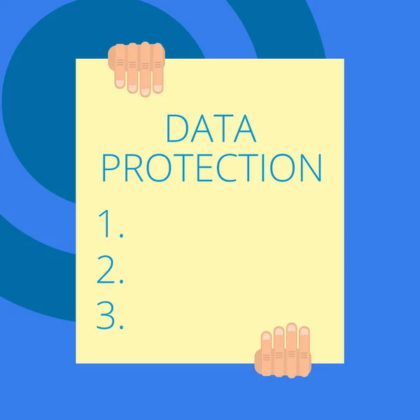 Writing note showing Data Protection. Business photo showcasing Protect IP addresses and demonstratingal data from harmful software Two hands holding big blank rectangle up down Geometrical background — 图库照片