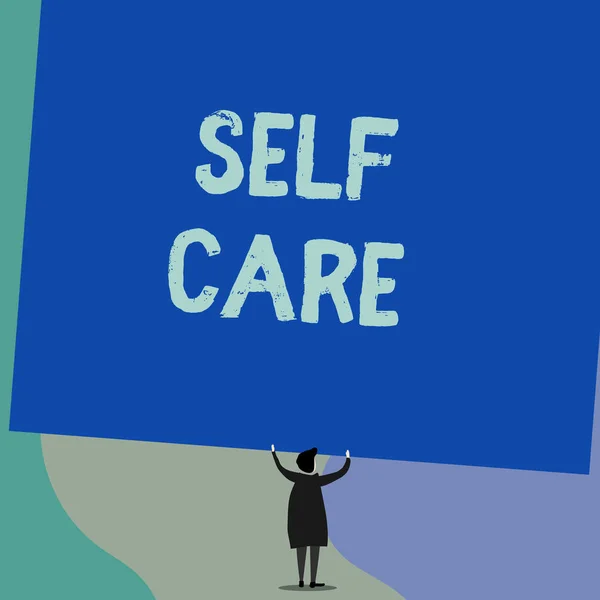 Handwriting text writing Self Care. Concept meaning the practice of taking action to improve one s is own health Back view standing short hair woman dress hands up holding blank rectangle. — Stock Photo, Image