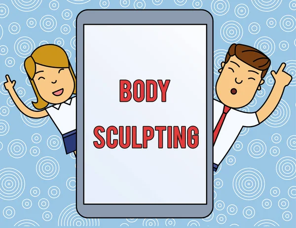 Word writing text Body Sculpting. Business concept for activity of increasing the body s is visible muscle tone Male and Female Index Fingers Up Touch Screen Tablet Smartphone Device.