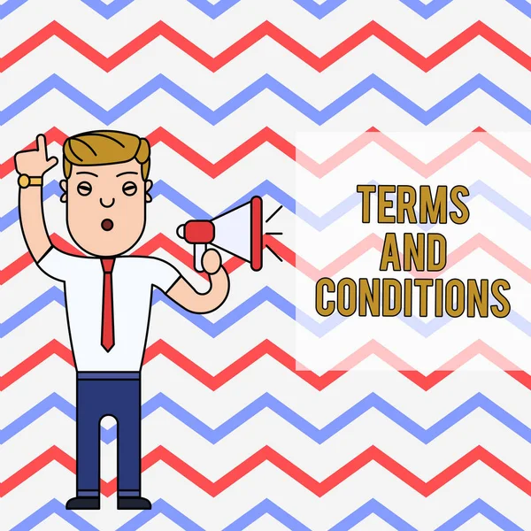Word writing text Terms And Conditions. Business concept for rules that apply to fulfilling a particular contract Man Standing with Raised Right Index Finger and Speaking into Megaphone.