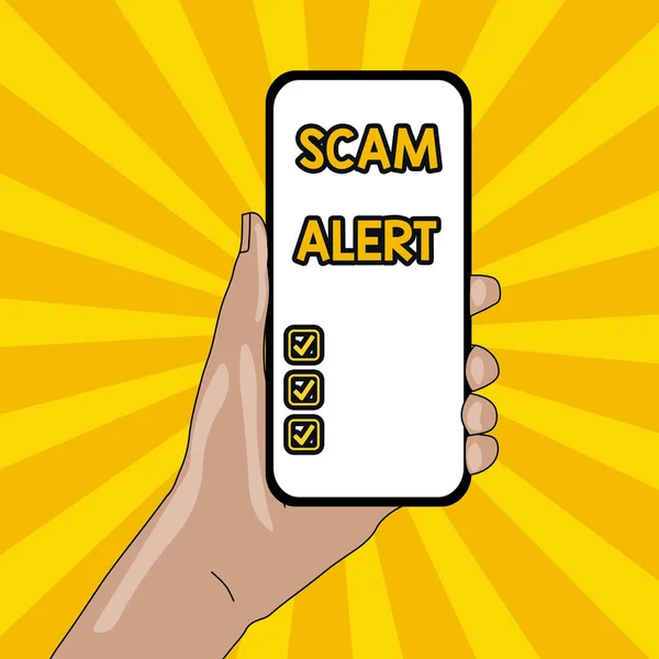 Tekst teken toont Scam Alert. Conceptuele foto ongevraagde e-mail die beweert het vooruitzicht van een koopje close-up van Smartphone-apparaat in de hand gehouden met lege scherm en tekstruimte. — Stockfoto