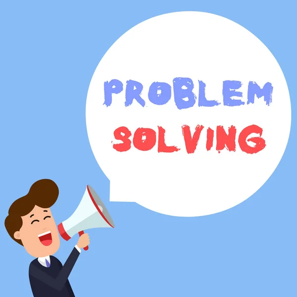 Writing note showing Problem Solving. Business photo showcasing process of finding solutions to difficult or complex issues Young Man Shouting in Megaphone Floating Round Speech Bubble. — Stock Photo, Image