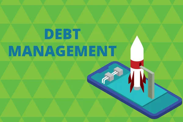 Word writing text Debt Management. Business concept for The formal agreement between a debtor and a creditor Ready to launch rocket lying smartphone. Startup negotiations to begin. — 스톡 사진