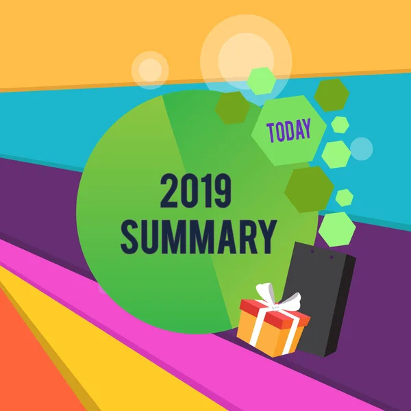 Word writing text 2019 Summary. Business concept for brief comprehensive especially covering the main points of 2019 Greeting Card Poster Gift Package Presentation Box Decorated by Bowknot. — 스톡 사진